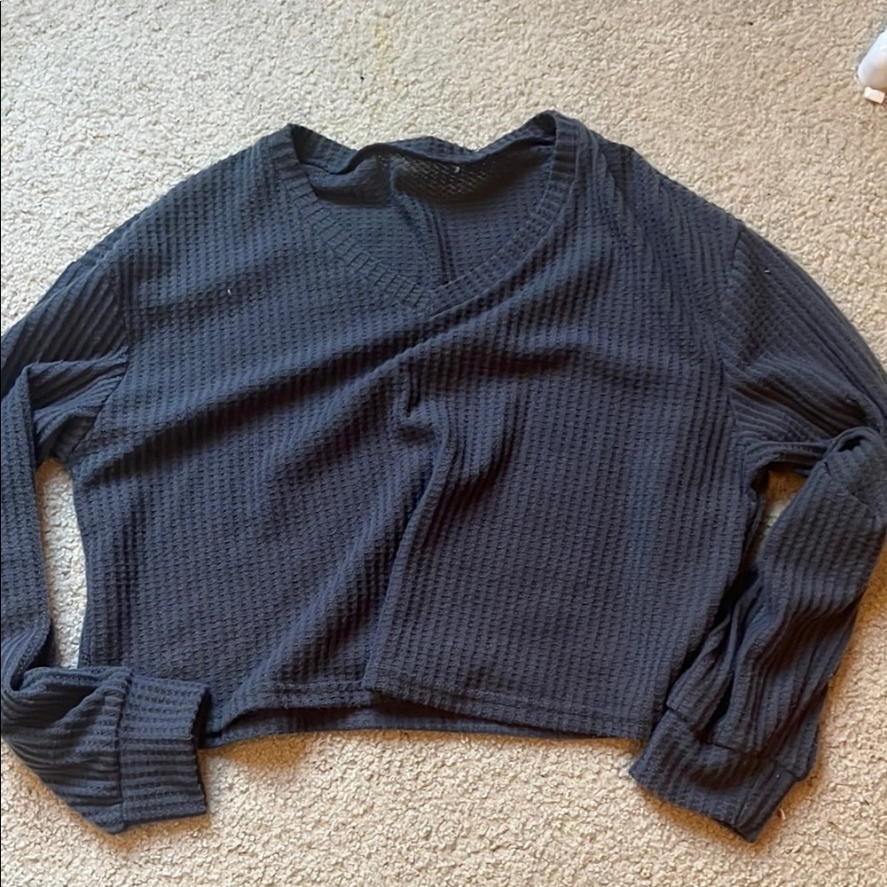 Black Waffle Knit Long Sleeve Top